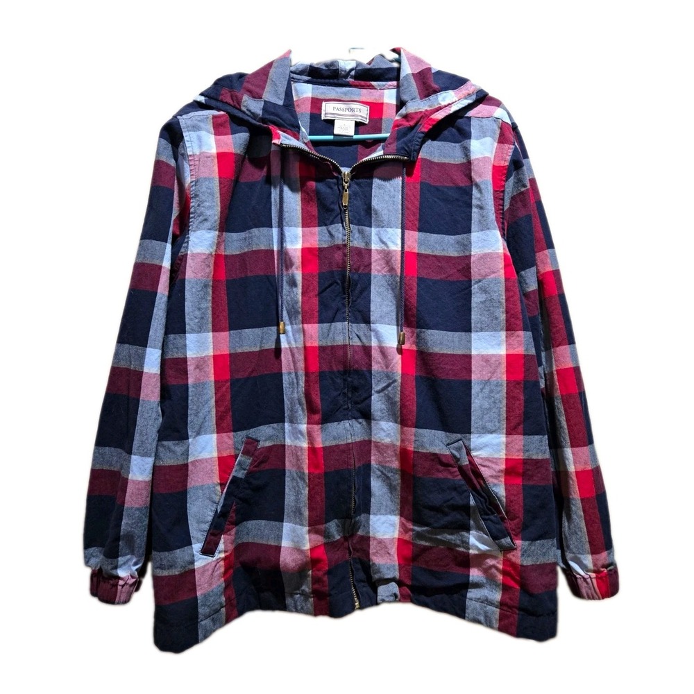 Passports Women's L Plaid Hooded Jacket Navy/Red 100% Cotton Lightweight Preppy